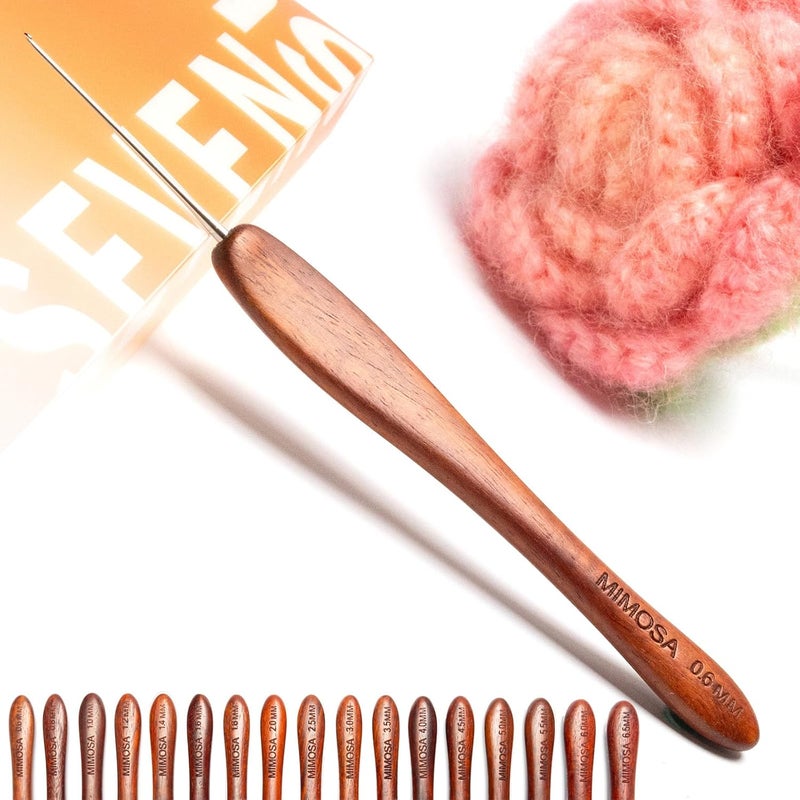 sevensun Mimosa 0.6mm Single Crochet Hook, Available in 0.6mm-6.5mm, Ergonomic Hand Polished Stainless Steel Inline Pointy Wood Handle Crochet Hook for Arthritic Hands, Mother's Day Gifts for Mom - Image 1